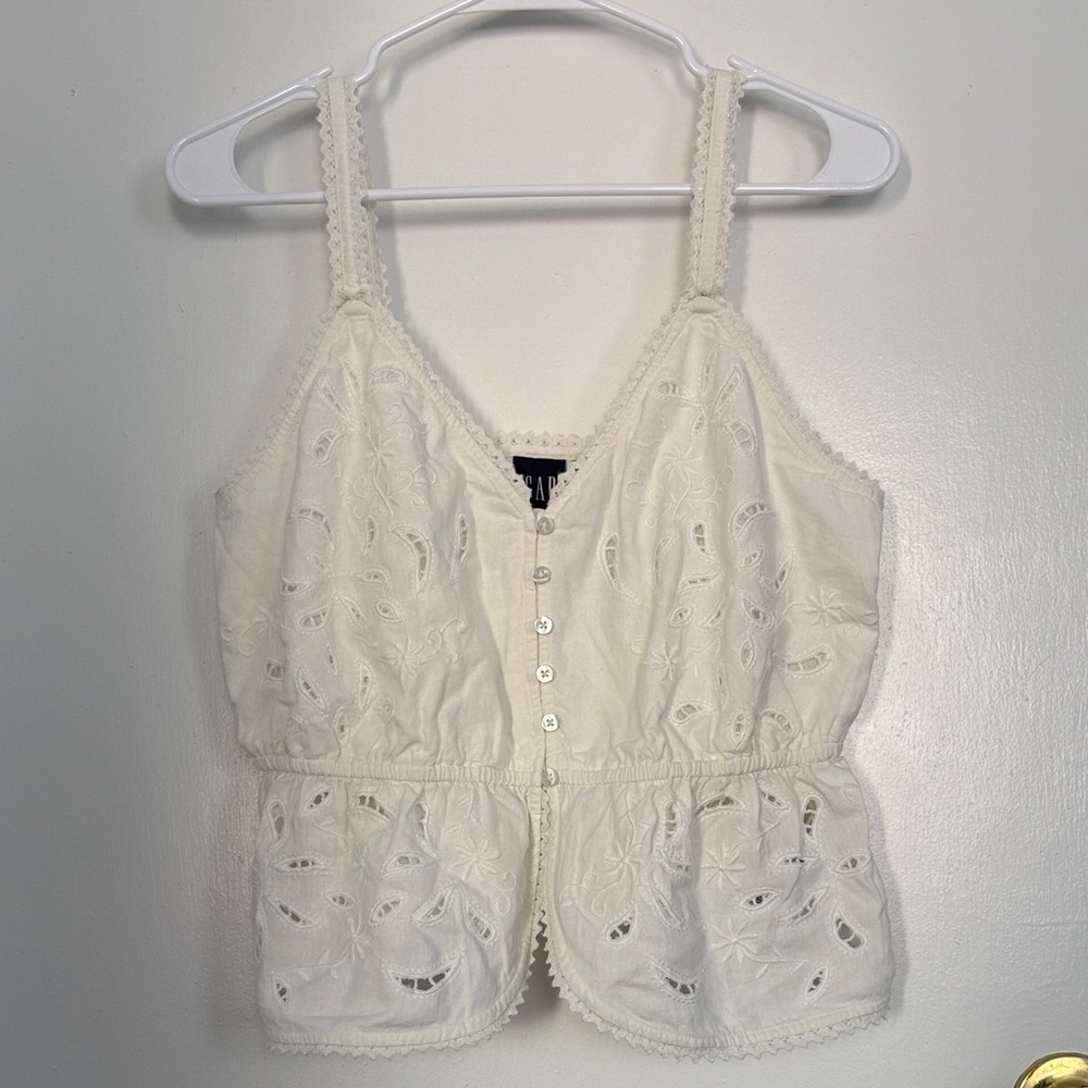 GAP Women's Off White Eyelet Peplum Top